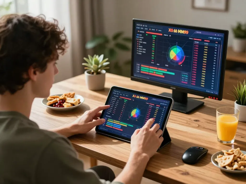 Xổ Số MM99 player analyzing bets on tablet at home for strategic gambling.