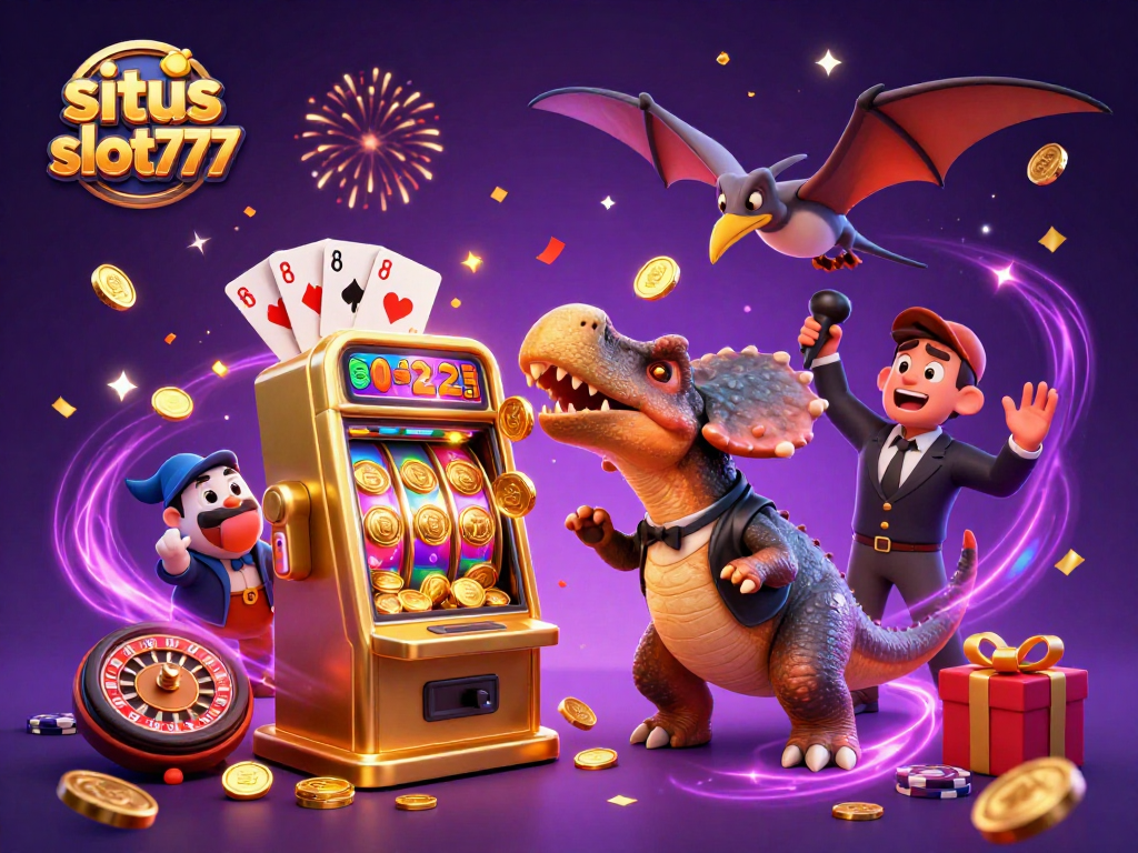Experience thrilling wins at situs slot777 with dynamic gambling action, featuring cartoon dinosaurs and jackpots.