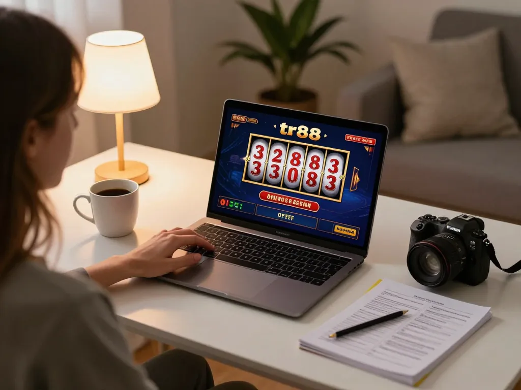 Engaging in tr88 game while enjoying a cozy home atmosphere with online casino interface displayed