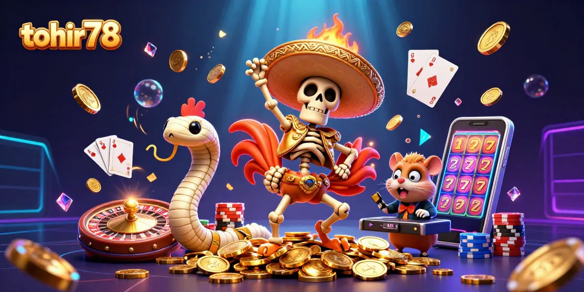 Menangkan jackpot di tohir78 dengan ilustrasi kasino 3D penuh warna dan energik.
