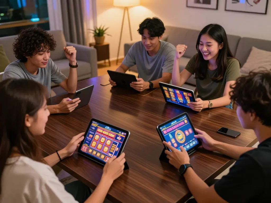Players enjoying slot gacor games on mobile devices in a lively social setting