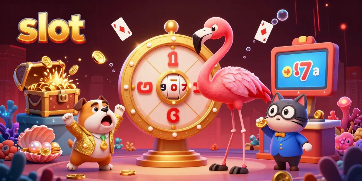 Mesin slot menyenangkan dengan anjing bulldog yang bersemangat, dikelilingi harta karun dan kartu judi.