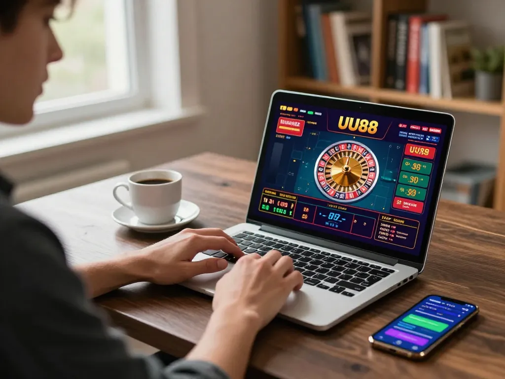 UU88 player engaging in online casino gaming, live dealer roulette wheel on screen, creating strategic gaming atmosphere