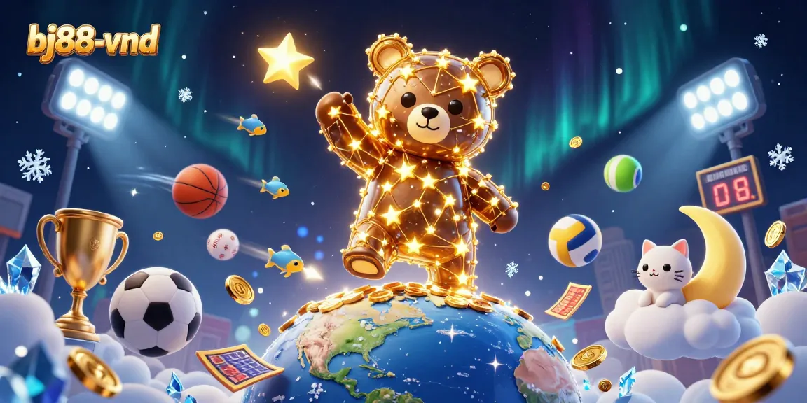 Engage with the dynamic world of bj88-vnd as 3D characters scoop coins amid vibrant sports and casino elements.