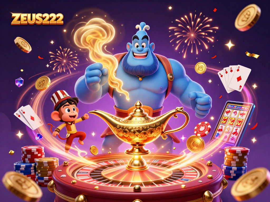 ZEUS222 showcases thrilling gameplay with a blue genie and magical casino elements in vibrant 3D.