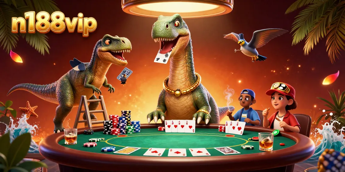 Experience n188vip's vibrant casino scene with a colossal brontosaurus and dynamic gaming elements.