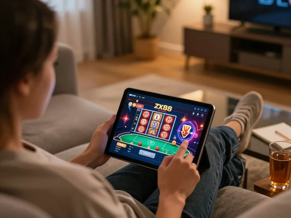 Engaging with zx88 com app on tablet in a stylish home setting, showcasing online gambling atmosphere