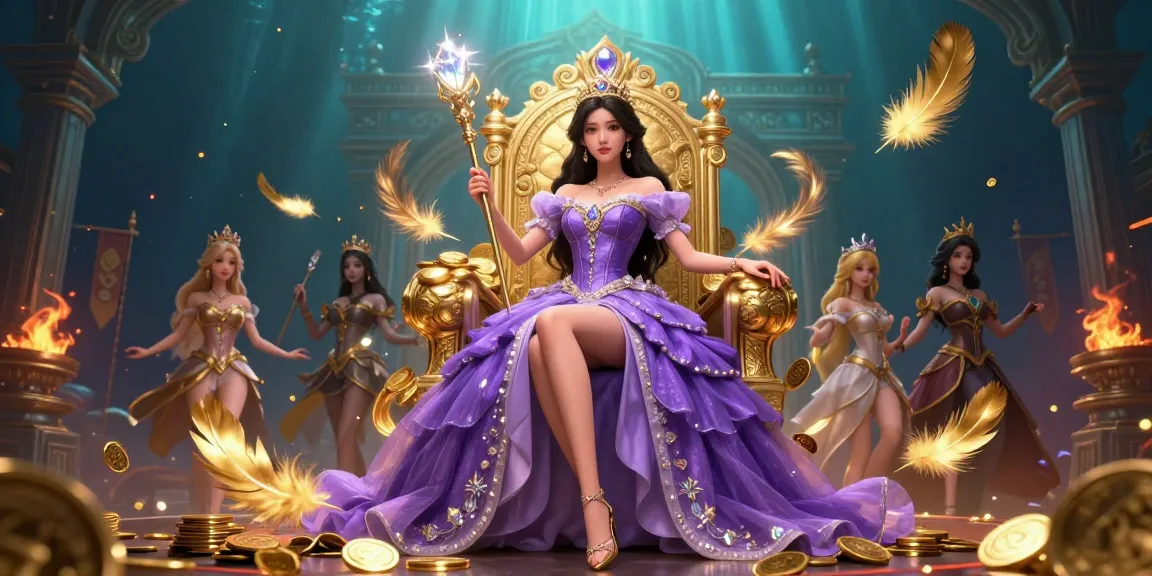 Experience the magic of RR99 as a beautiful Asian woman in a royal gown showcases her royal style amidst dynamic casino elements.