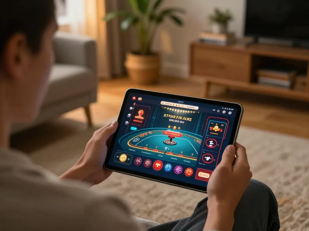 Player enjoying SC88 online casino gaming on a tablet in a cozy home setting