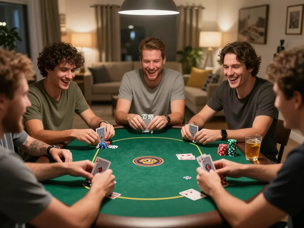 Friends enjoying a lively poker night at home while using fly88mb for online gaming strategies.