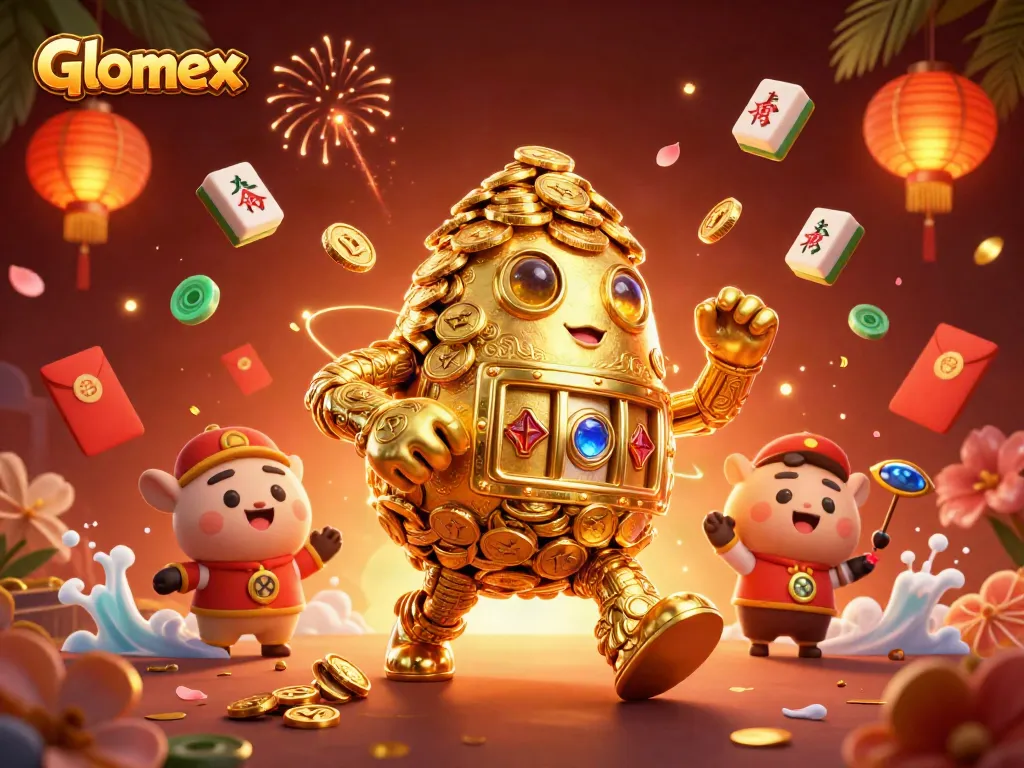 Spin the reels with Glomex, featuring dazzling gold coins and animated slot machine elements.