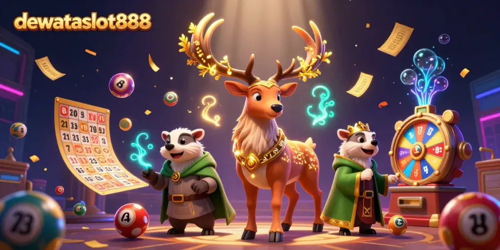 Dewataslot888 memberikan pengalaman bermain kasino dengan simbol slot, bola lotere, dan efek cahaya yang menakjubkan.