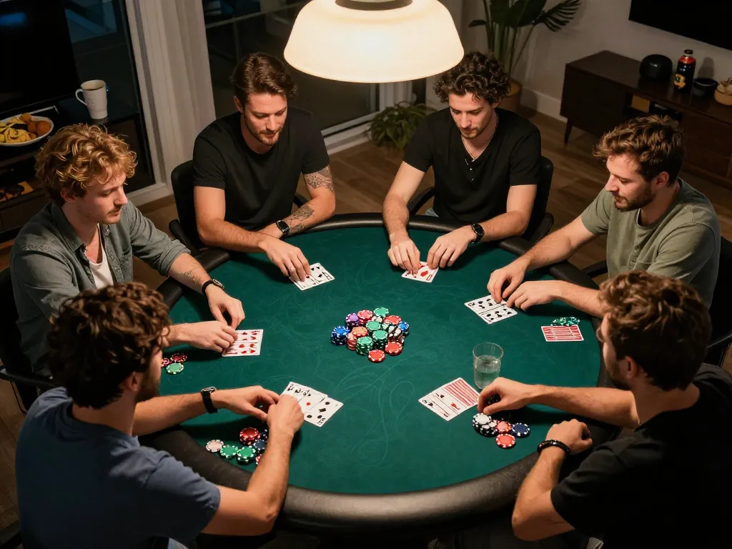 Friends engaging in an exciting poker game at home, showcasing 888top's social gambling atmosphere