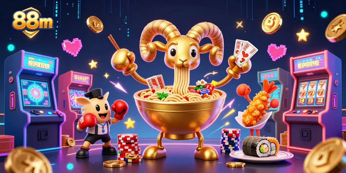 Engage with 88m's vibrant casino experience, featuring a giant ramen bowl character amid colorful slot machines.