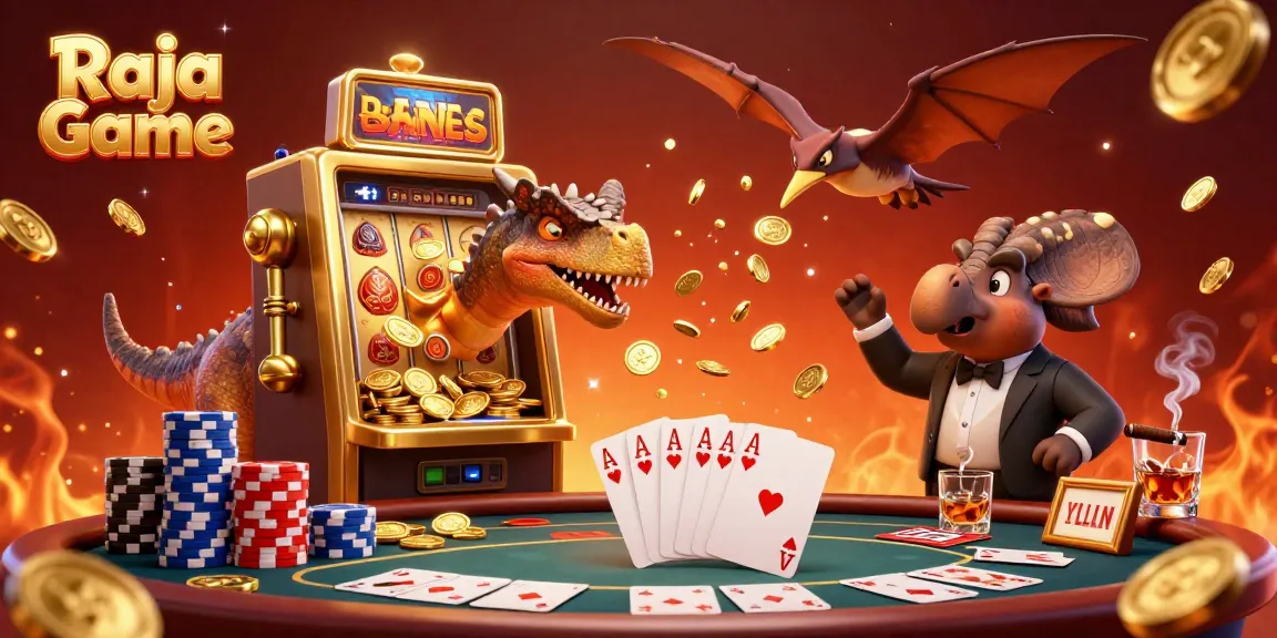 Experience Raja Game excitement with a pachycephalosaurus at a slot machine, coins flying everywhere.