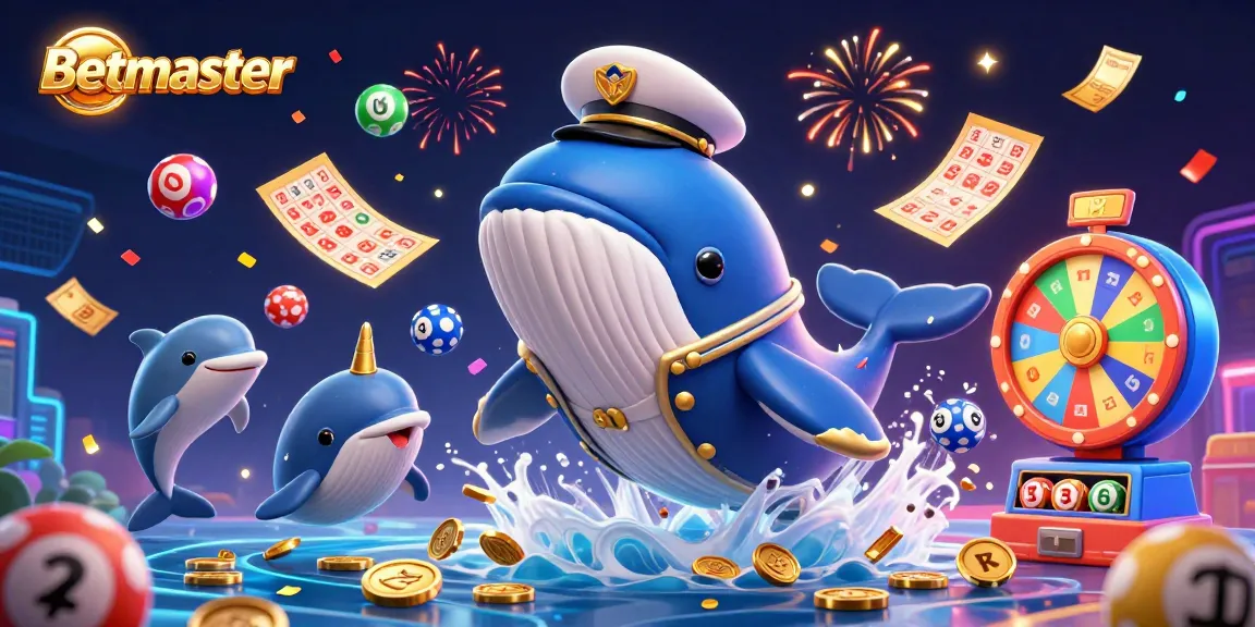 Experience Betmaster's vibrant world with a whale wearing a captain's coat amid a sea of coins.