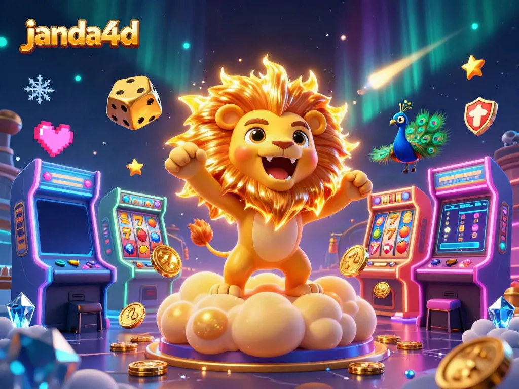 Gambarkan kebangkitan janda4d dengan singa bermahkota emas dan simbol slot menarik di latar belakang.