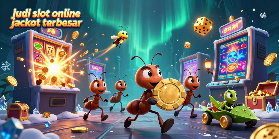 Menggunakan judi slot online jackpot terbesar, tim semut kartun membawa chip poker raksasa dalam ilustrasi detail 3D.