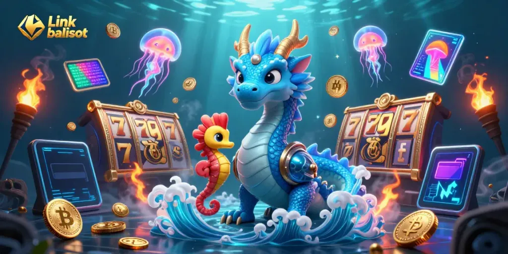 Engage with Link balislot, featuring vibrant 3D characters and casino elements in an exciting underwater scene.