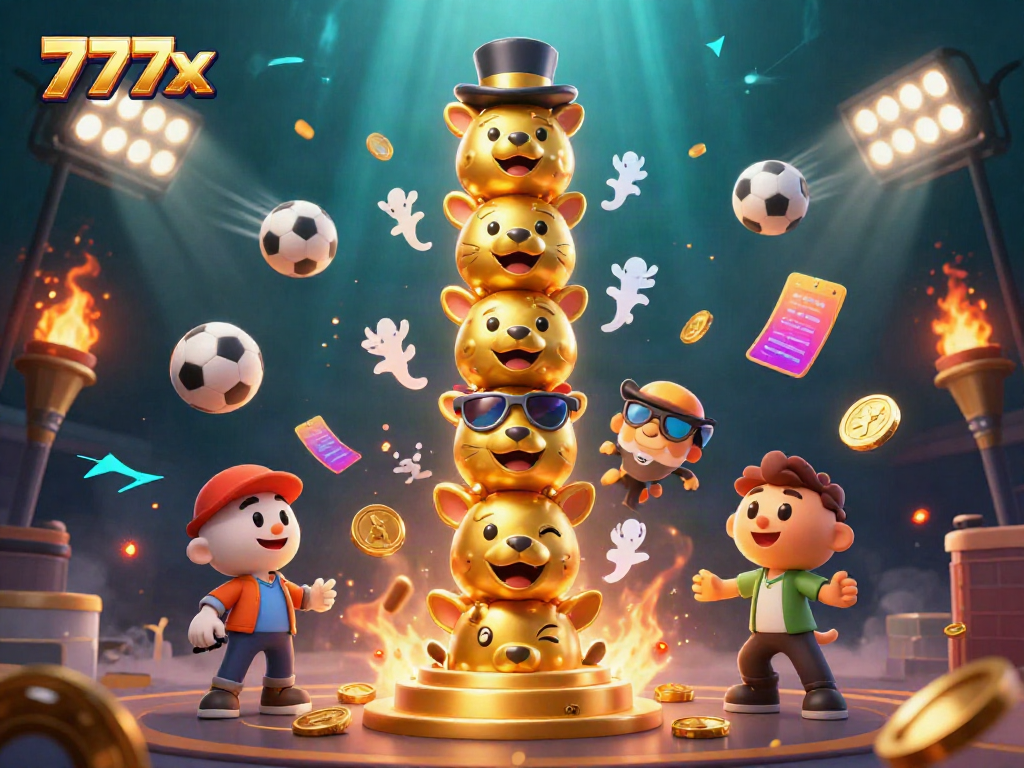 Experience the vibrant energy of 777x through an immersive 3D illustration of a golden totem casino centerpiece amidst sports balls and dynamic elements.