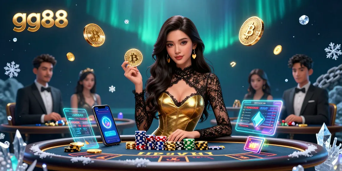 Play exciting games at gg88 with a glamorous atmosphere, vibrant casino chips, and crypto elements.