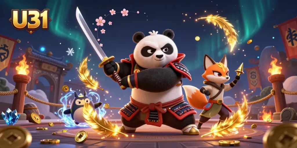 Engage in thrilling slots action with U31, featuring a samurai panda and ninja fox amidst gold coins.