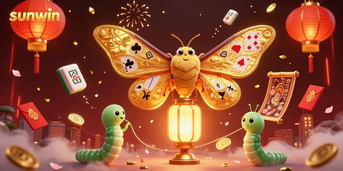 Engage with sunwin's vibrant casino scene, where the moth and silk worms weave gold amidst festive mahjong tiles and lanterns.