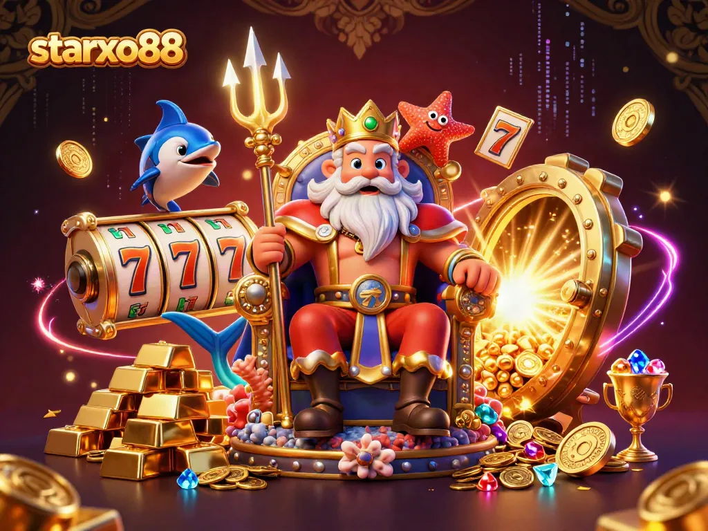 Experience the thrill of starxo88 with this captivating 3D casino illustration depicting Neptune, a swordfish samurai, and wealth.