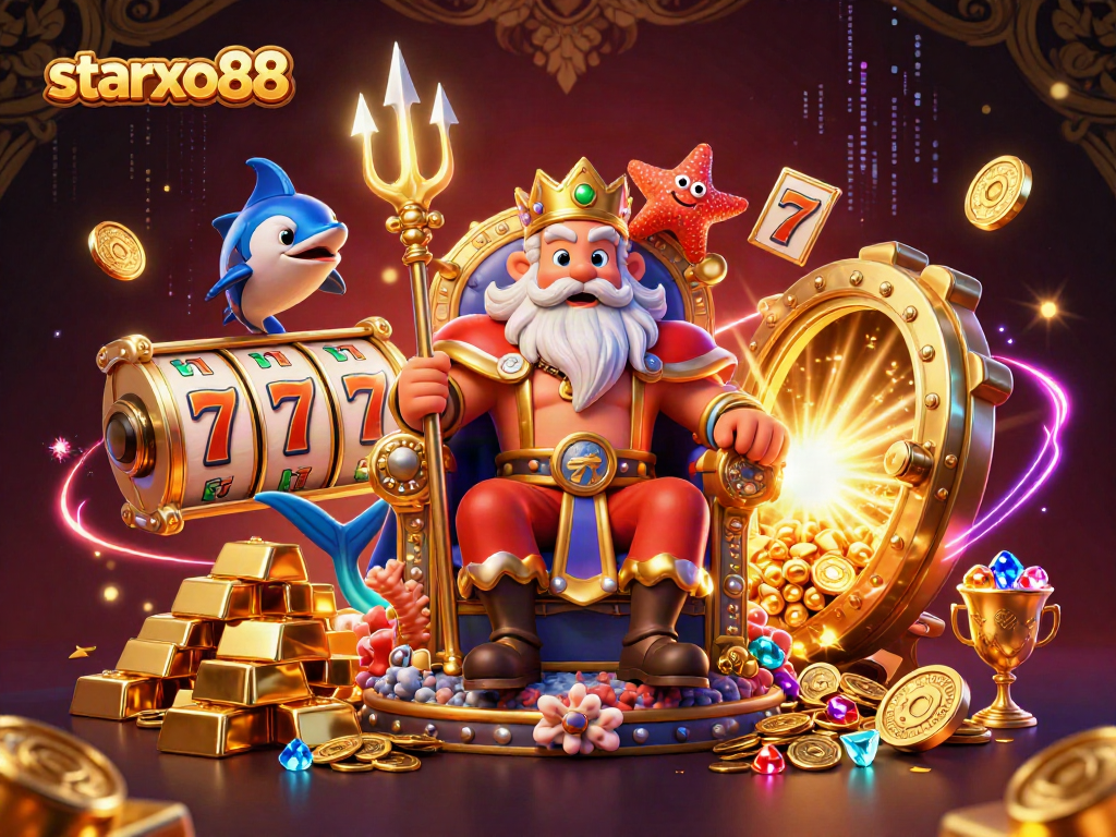Experience the thrill of starxo88 with this captivating 3D casino illustration depicting Neptune, a swordfish samurai, and wealth.