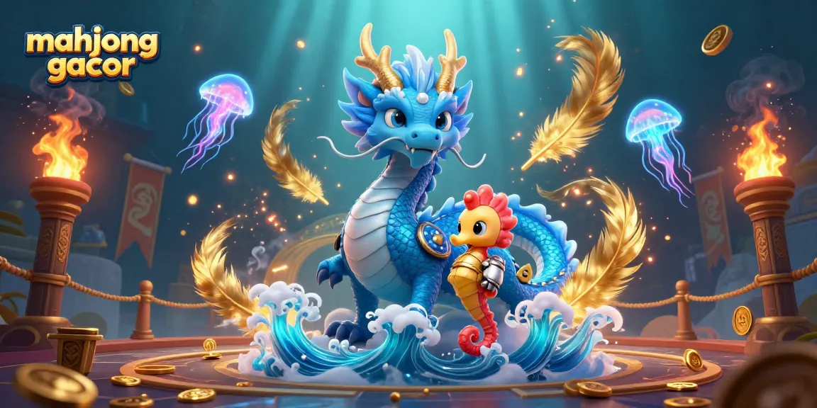 Engage in the thrilling world of mahjong gacor with stunning visuals of a fantasy scene featuring a dragon and seahorse knight.