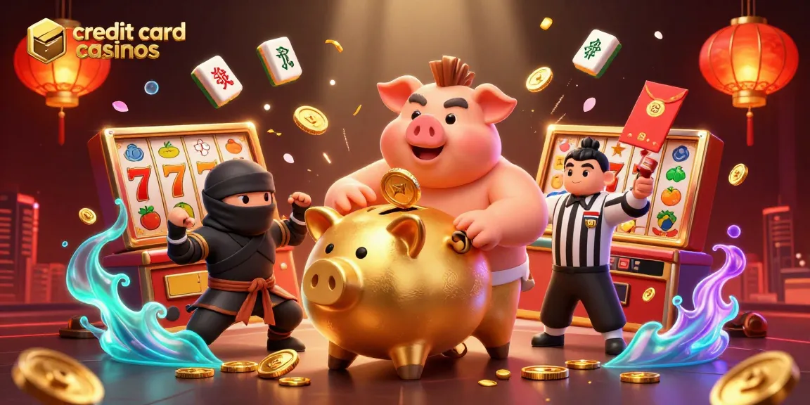 Experience the excitement of credit card casinos with a sumo wrestler and ninja in a vibrant casino scene.