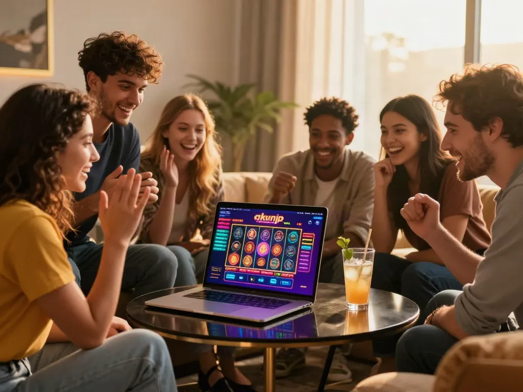 Friends enjoying the akunjp online gaming platform in a lively setting.
