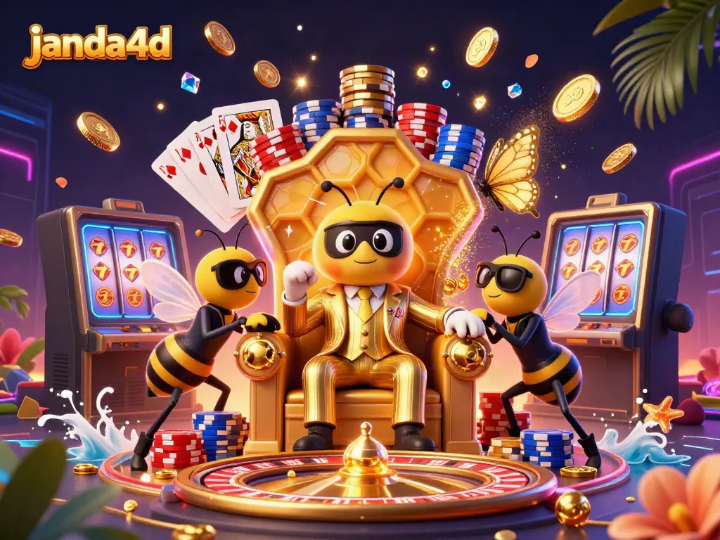 Permainan janda4d menampilkan bos lebah 3D dengan suasana kasino yang meriah.