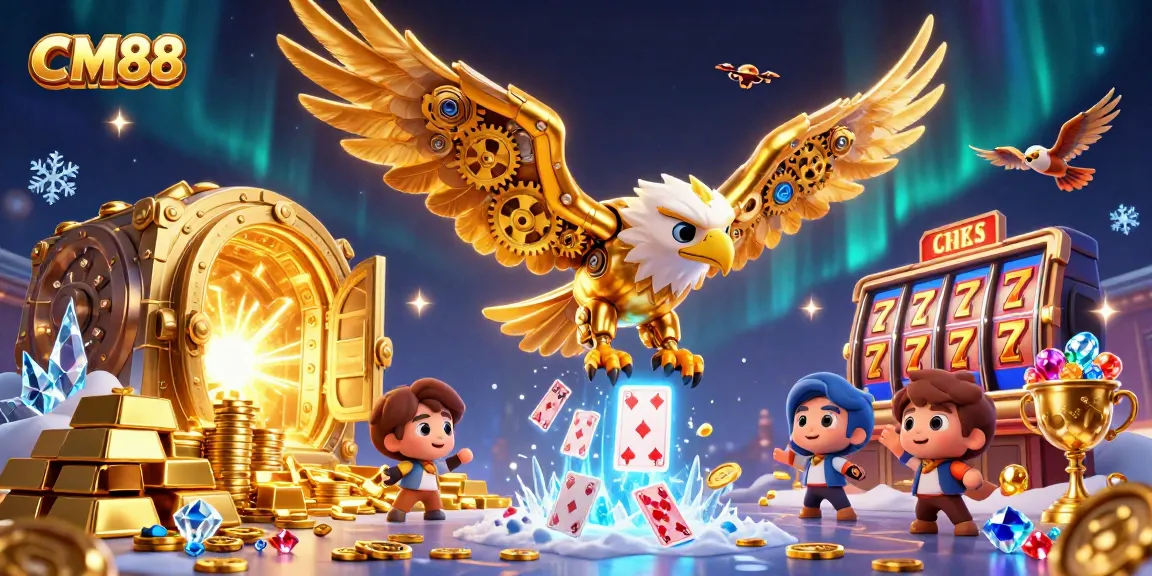 CM88 showcases a dynamic casino scene with a cybernetic eagle and holographic cards.