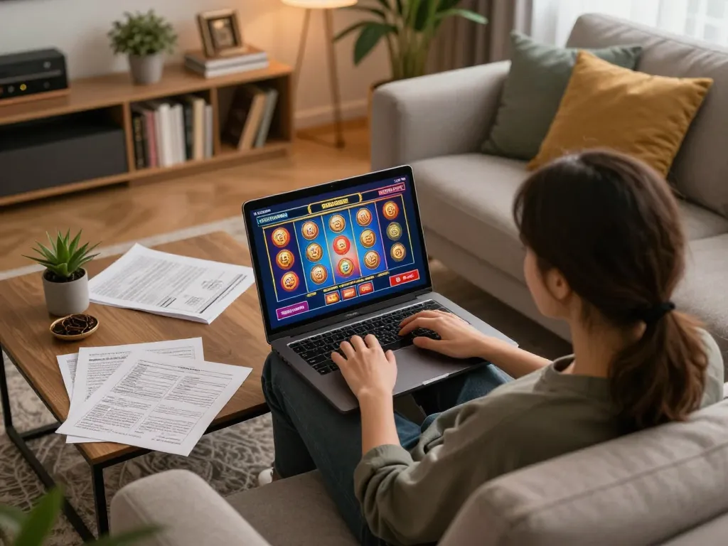 Player exploring nhacaiuytin while using laptop for online casino gaming, notes nearby.