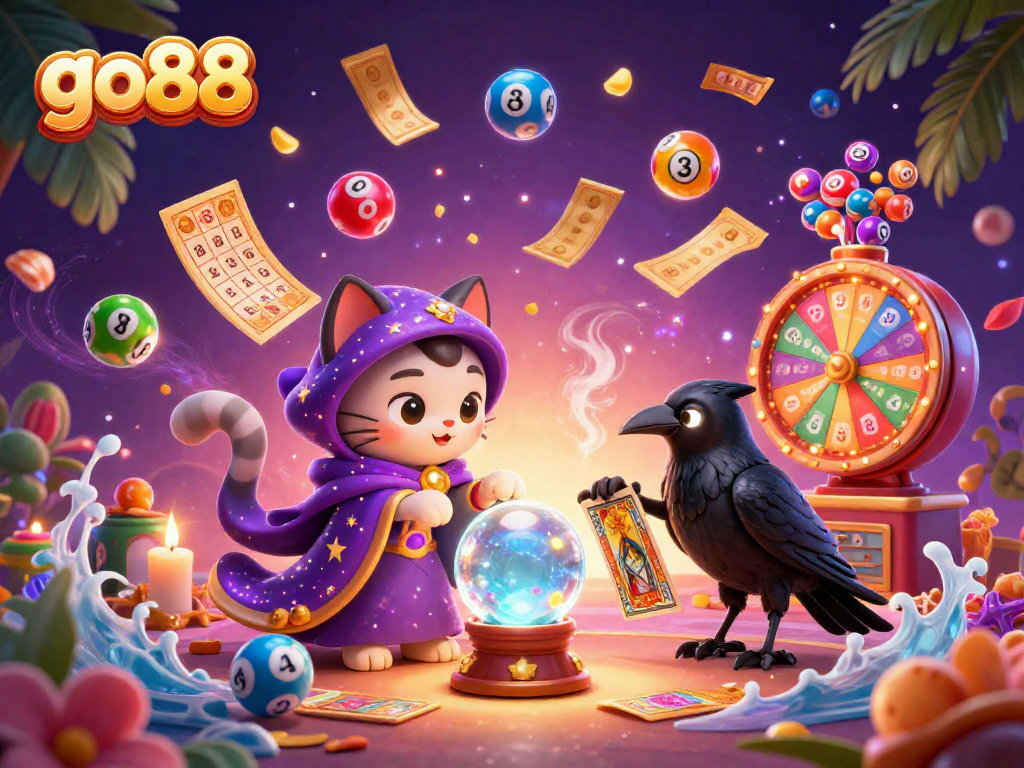 Engage with go88's vibrant lottery-themed illustration featuring mystical characters amidst dynamic gaming elements.