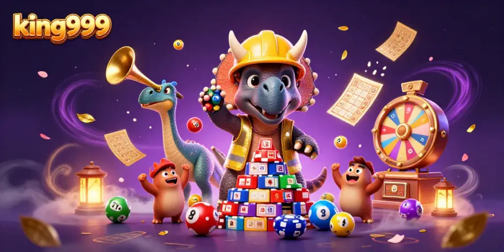 King999 menyajikan ilustrasi kasino dengan triceratops dan kreasi permainan lotere yang meriah.
