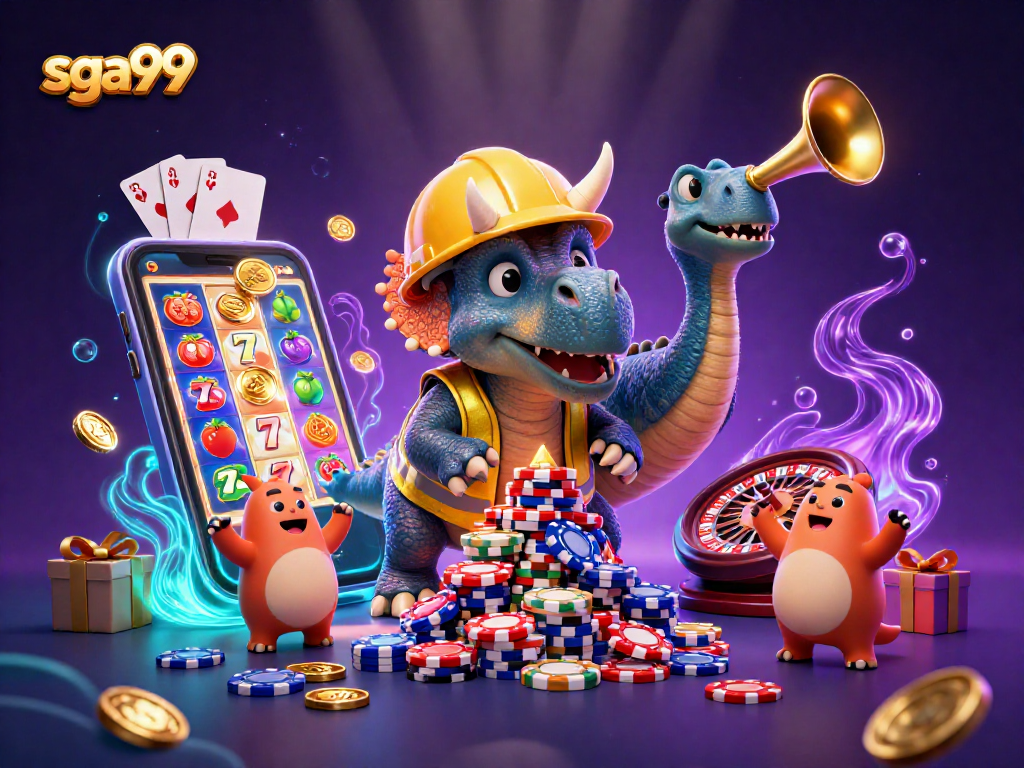 Experience excitement with sga99 as a triceratops builds poker chip pyramid amidst vibrant casino elements.