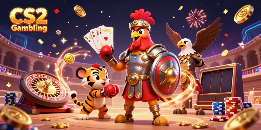 Engage in thrilling CS2 Gambling with a vibrant colosseum scene, featuring a gladiator rooster and tiger cub.