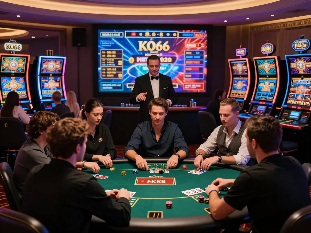 KO66 online casino scene with diverse players at live tables, vibrant atmosphere.