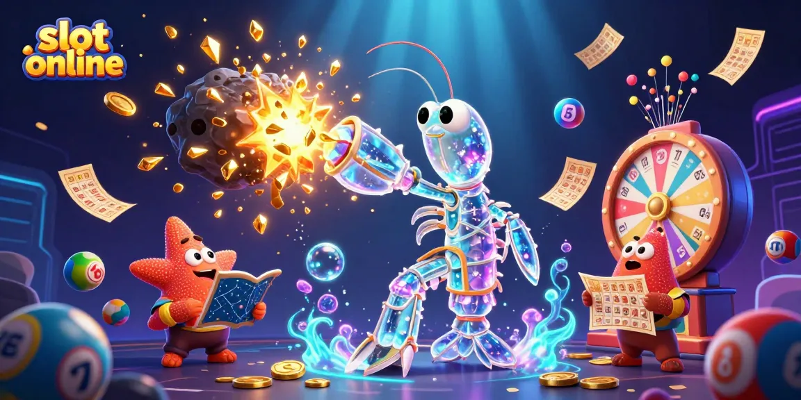 Menggunkan slot online, mantis udang samurai bertarung di luar angkasa dengan bola lotere berwarna berputar.