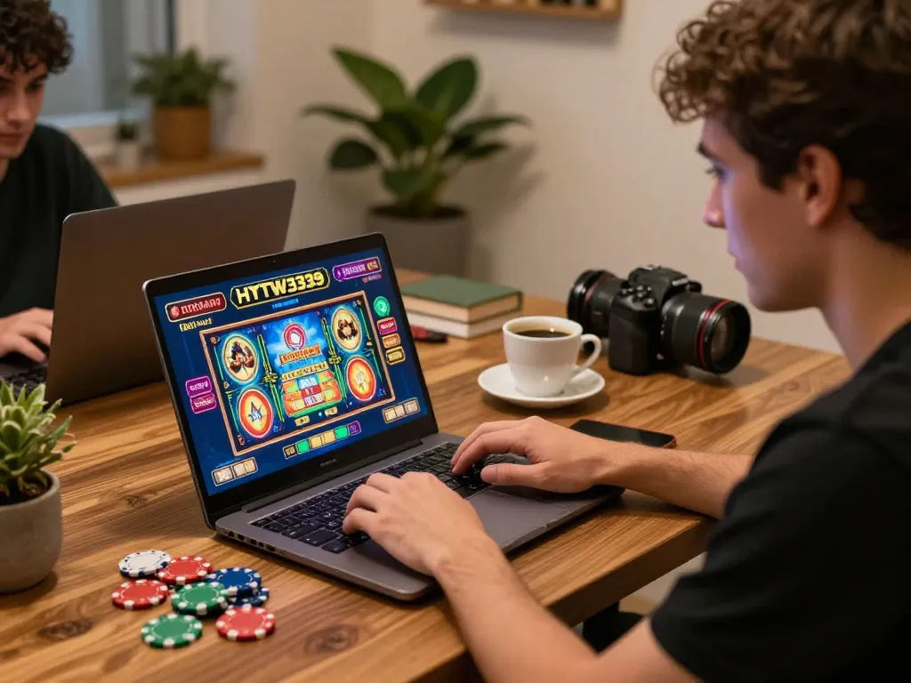Engaged player enjoying HYTW3339 online casino slots from home, showcasing modern gaming setup.