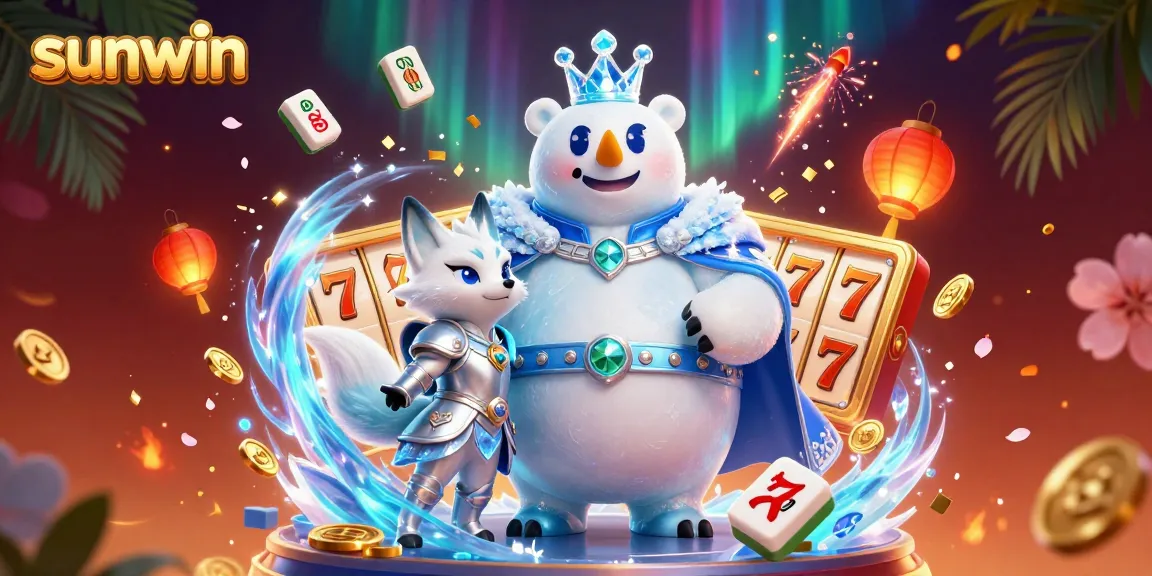 Win big with sunwin in a vibrant 3D digital casino scene filled with slot reels and lucky symbols.