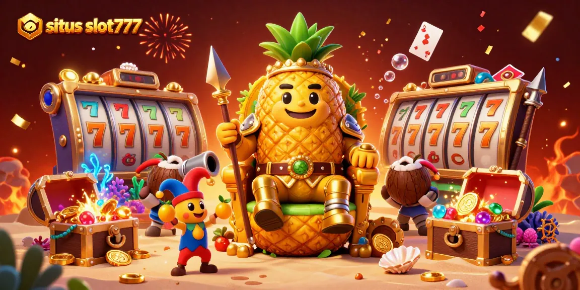 Situs slot777 showcases an exciting casino scene with a golden pineapple king, watermelon cannon, and vibrant slot game elements.