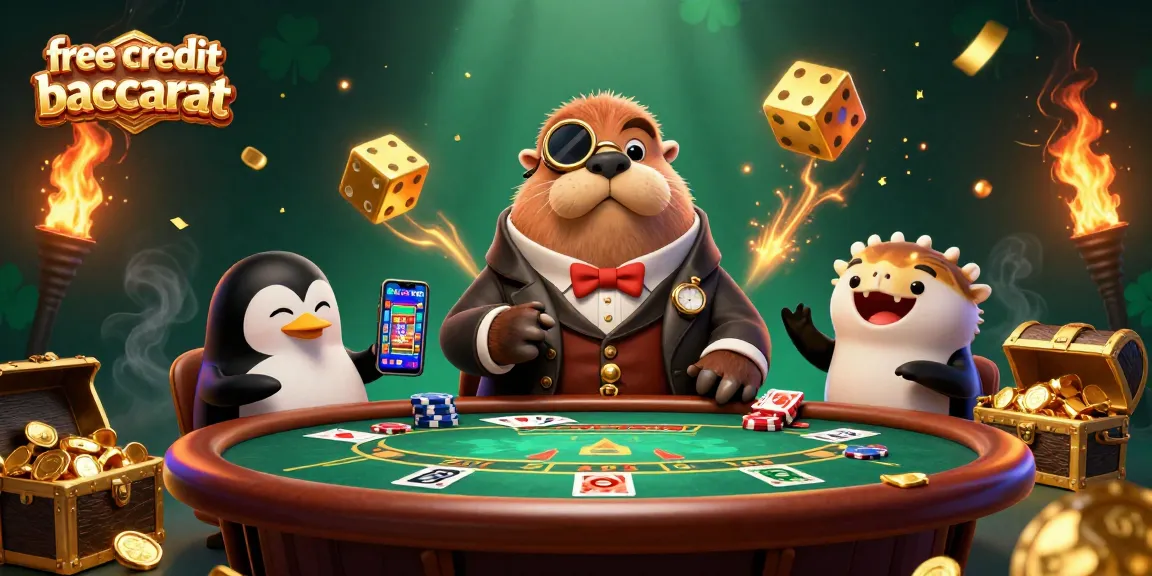 Engage in free credit baccarat with a jolly walrus at an underwater table surrounded by vibrant casino elements.
