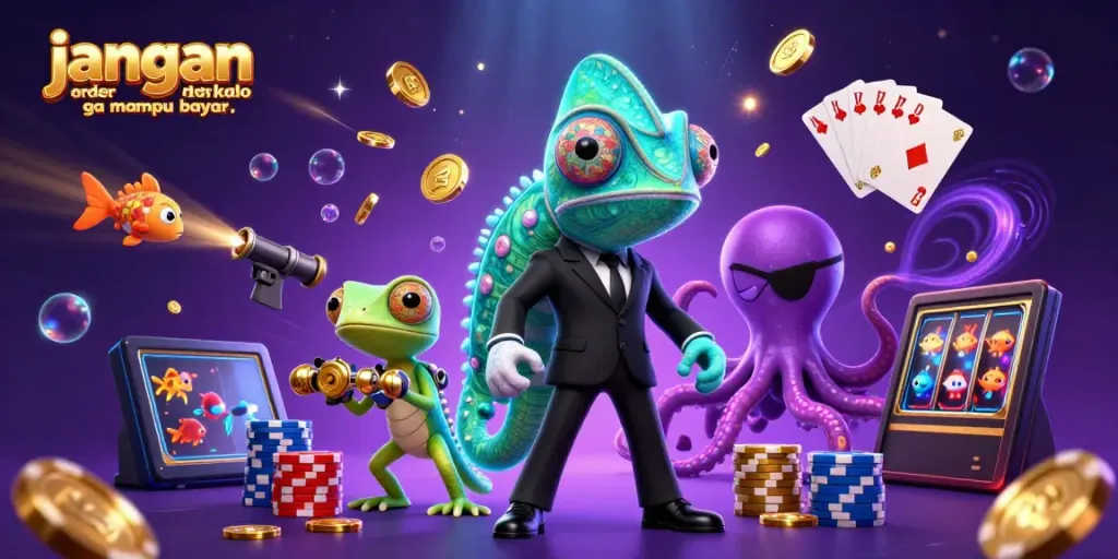 Engage in dynamic fish shooting gameplay at IDEBET with "jangan order kalo ga mampu bayar.." on vibrant scene featuring colorful characters.