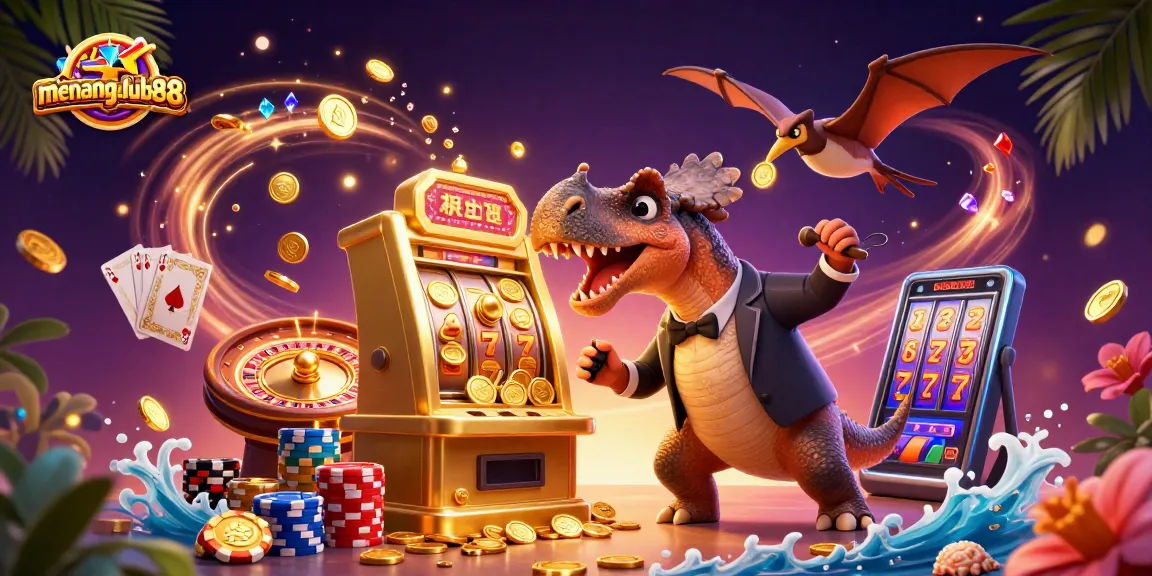 Experience thrilling winnings at menangclub88 as a pachycephalosaurus hits a golden slot machine amidst flying coins.