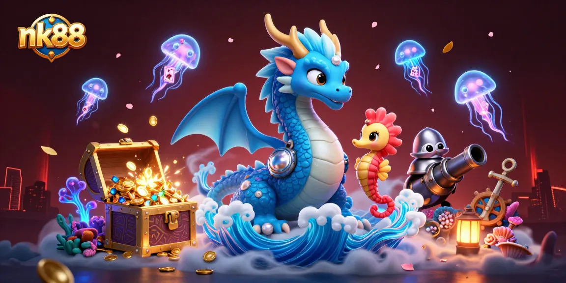 Experience the magical realm of nk88 with dynamic gaming elements featuring a dragon, jellyfish, and treasures.