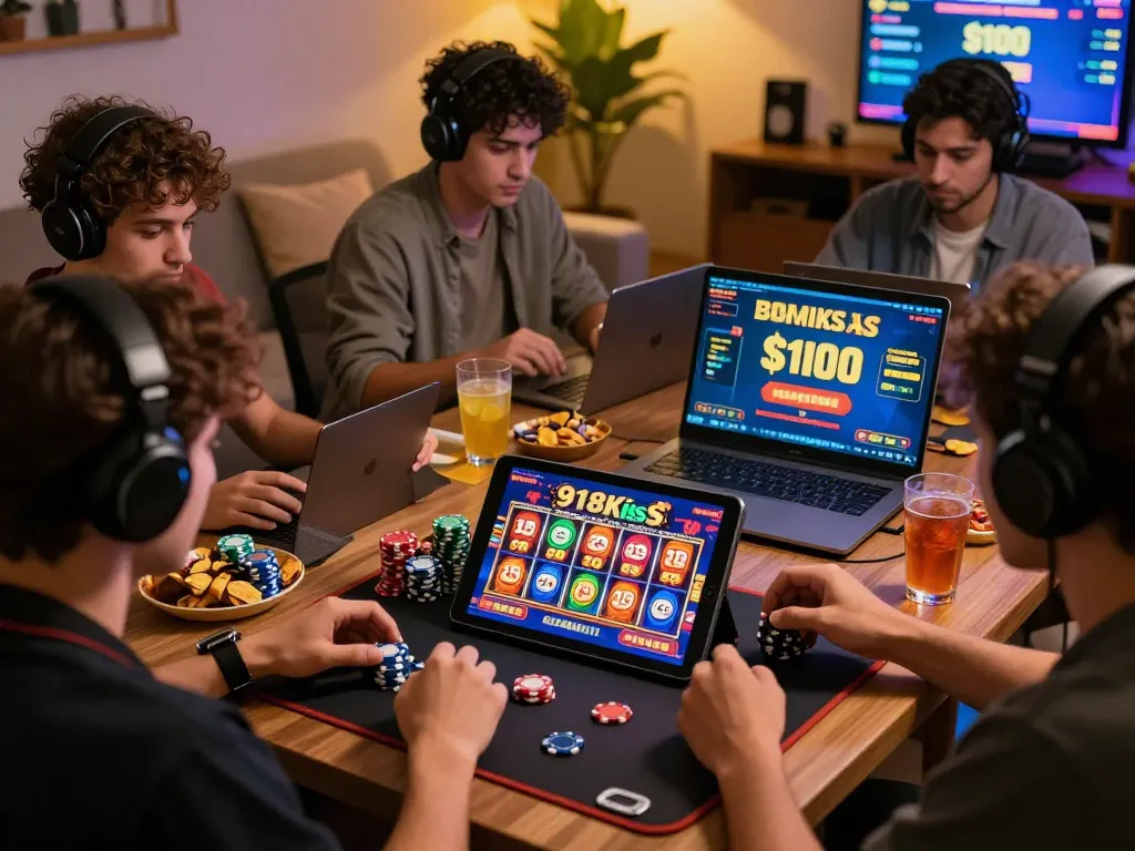 Players celebrating wins with free credit 918kiss on their tablets in a cozy gaming environment.