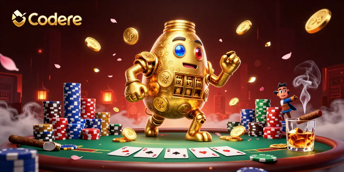 Codere transforms gaming with a golden golem, poker chips, and vibrant casino elements in this 3D illustration.